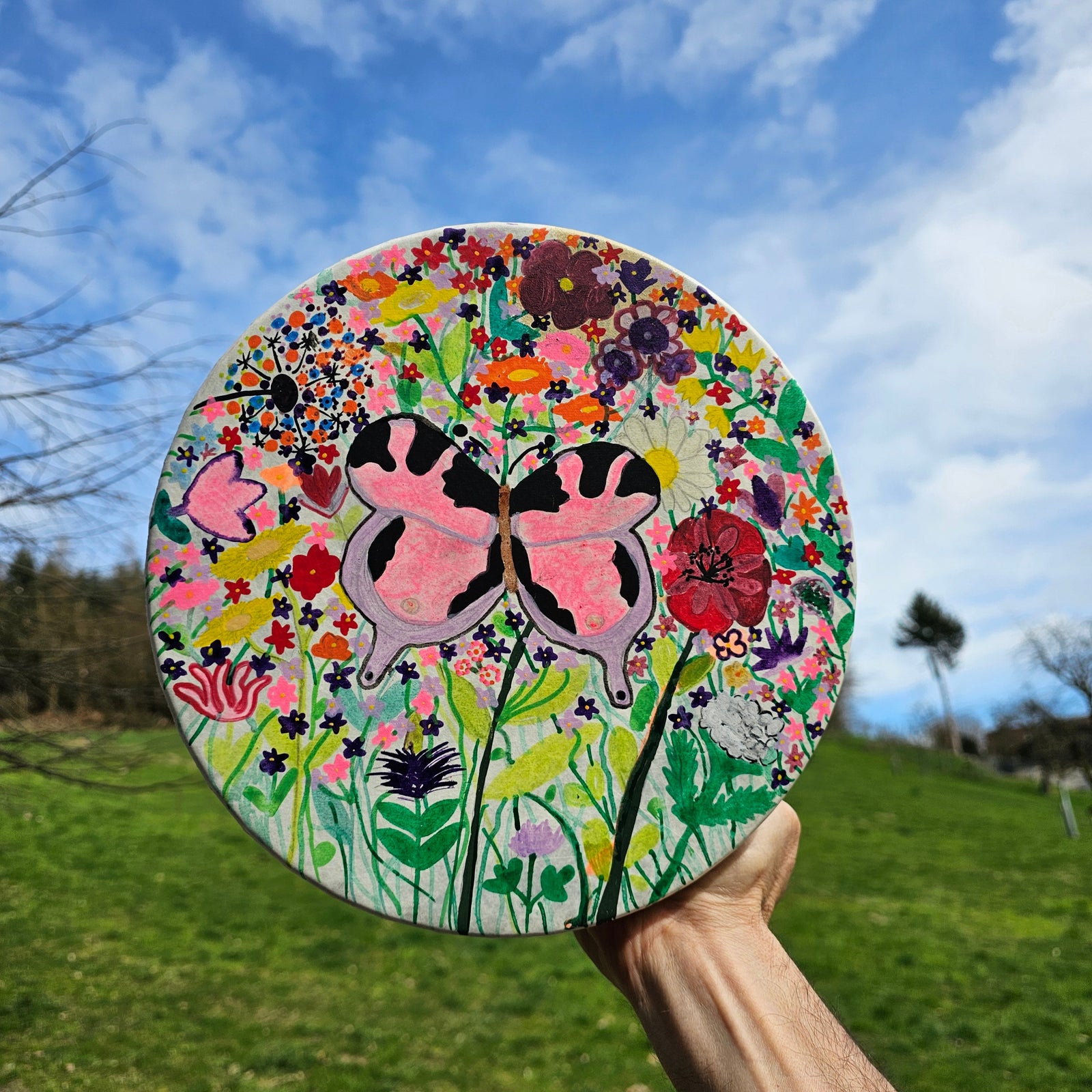 Vegane Buffalo Drum ø 25 cm mit Schlägel - Blumenwiese| Schamanentrommel | Perkussion & Trommel | Dunum.ch