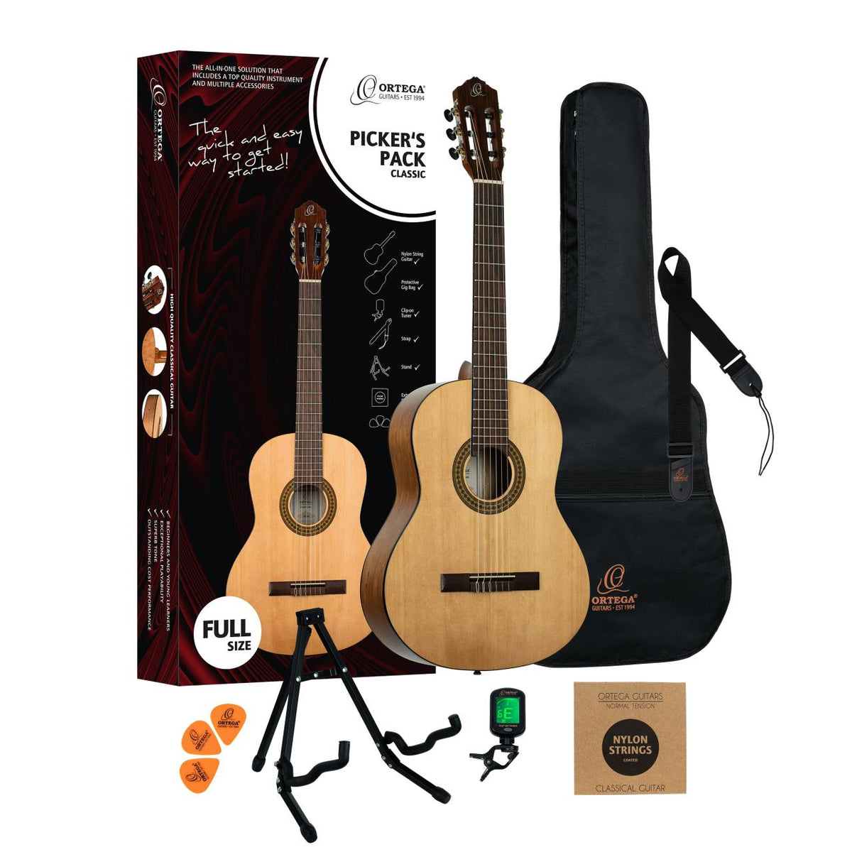 ORTEGA Picker's Pack 4/4 Classical Guitar, 6-String - Beginner's Set