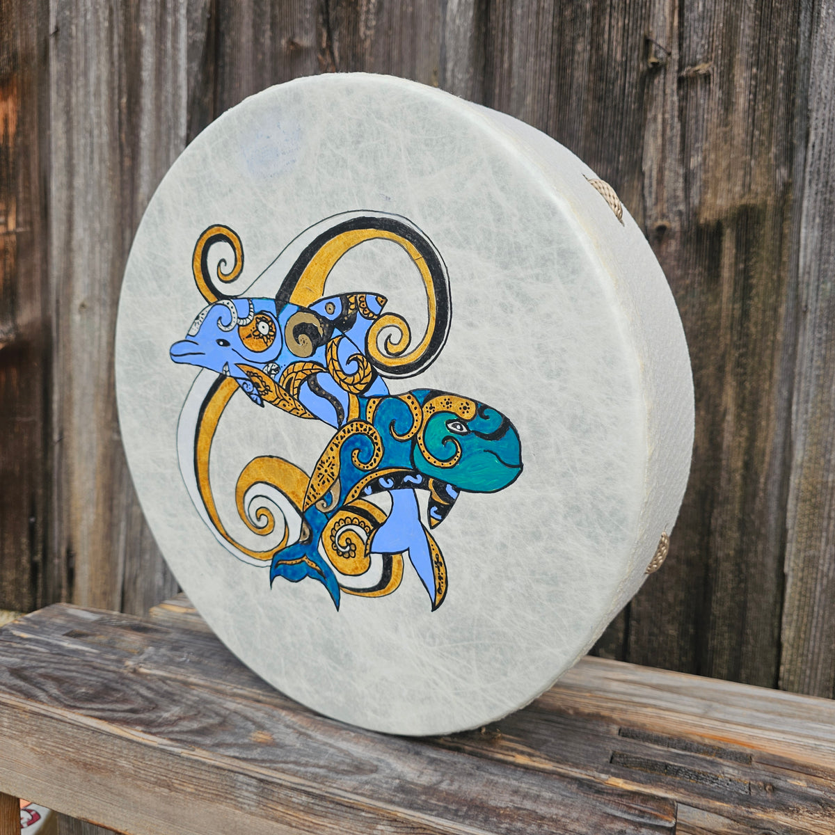 Vegan buffalo drum ø 40 cm with mallet - dolphins