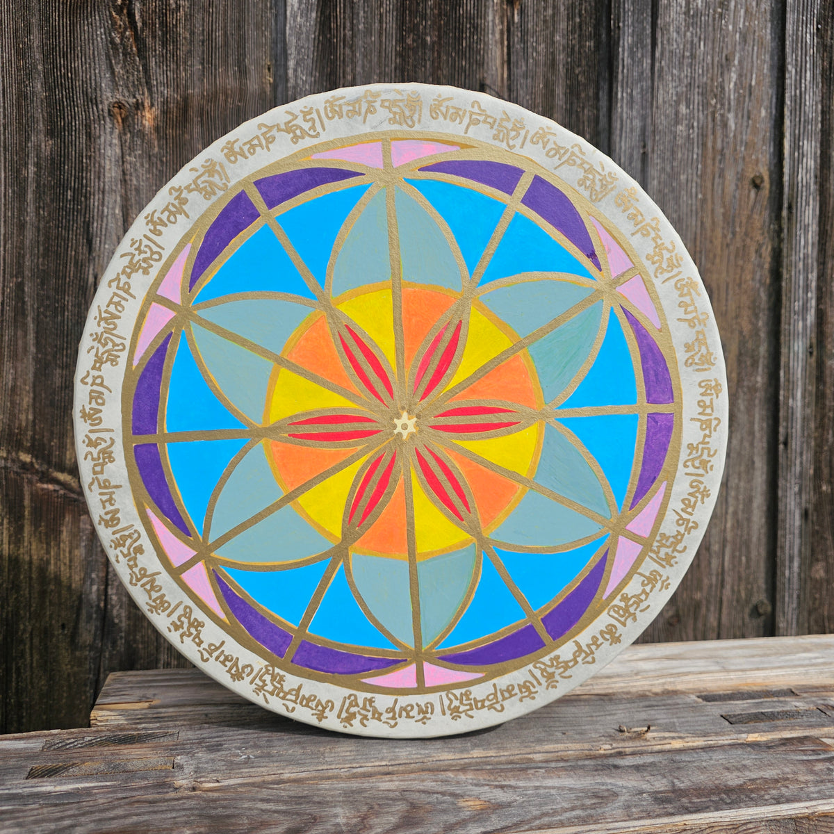 Vegane Buffalo Drum ø 35 cm mit Schlägel - Om mani padme hum