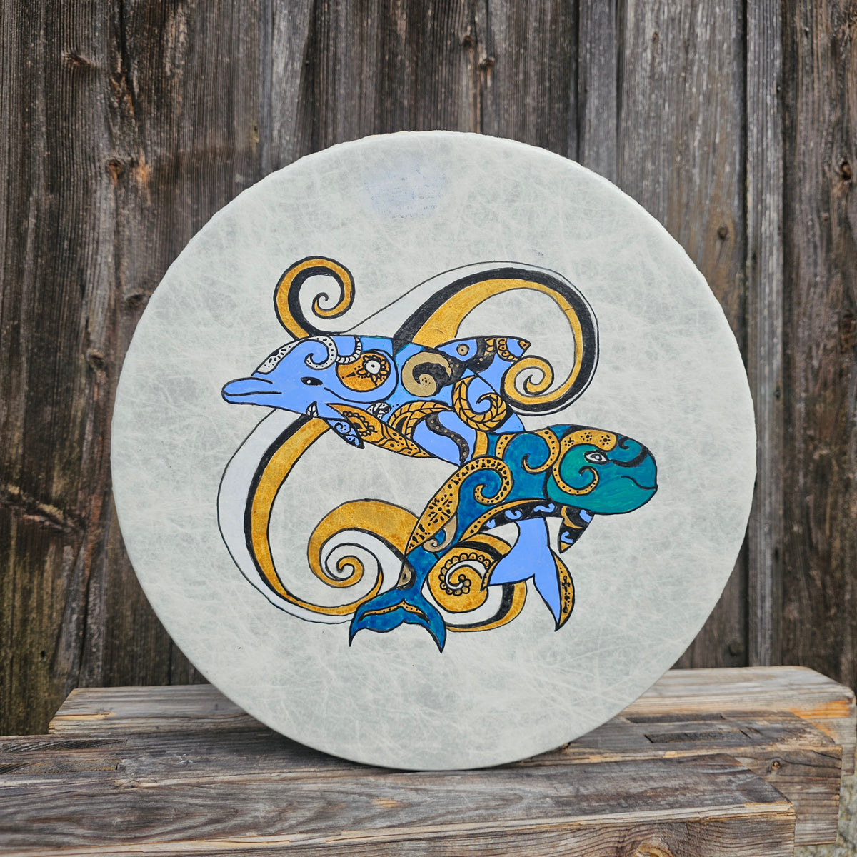 Vegan buffalo drum ø 40 cm with mallet - dolphins
