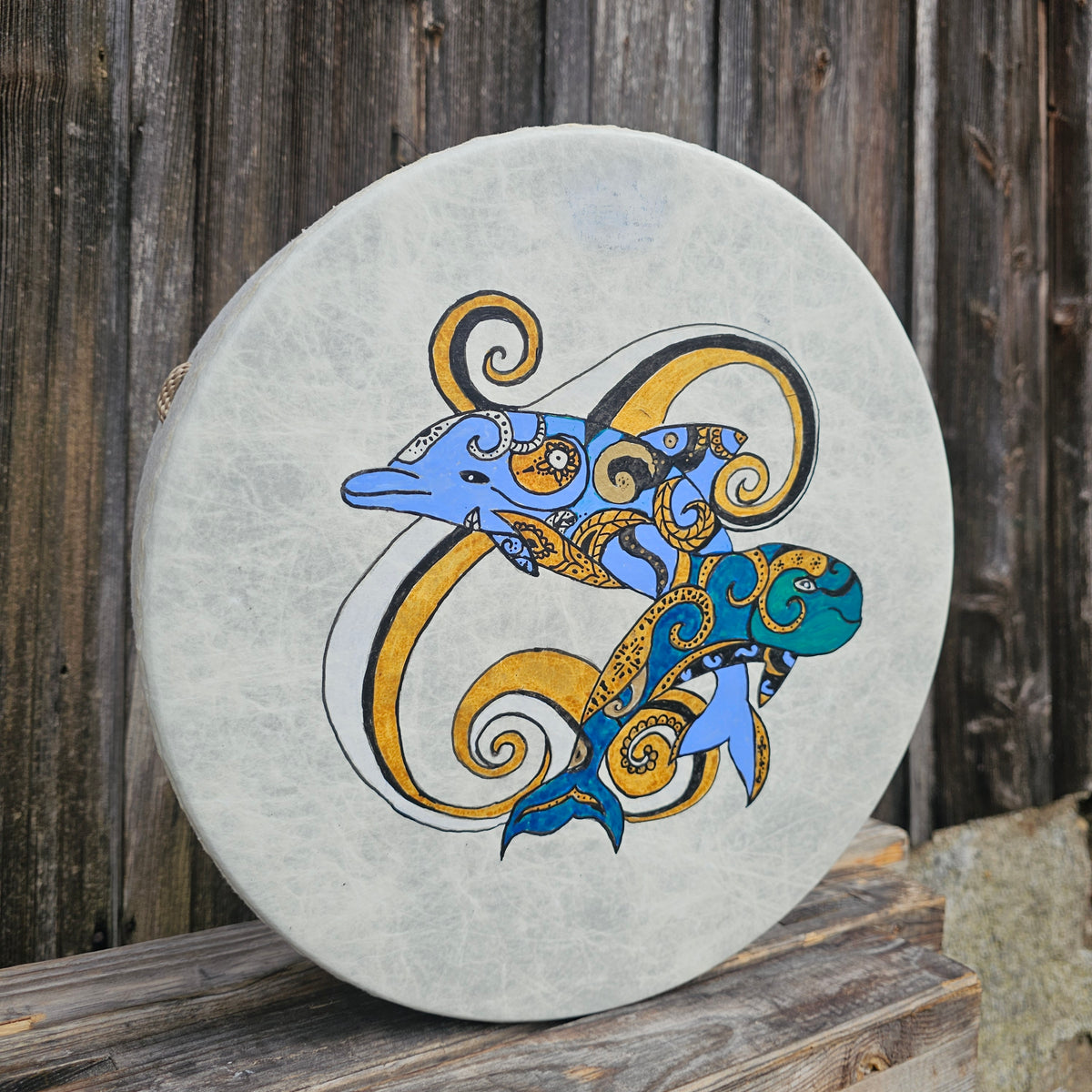 Vegan buffalo drum ø 40 cm with mallet - dolphins